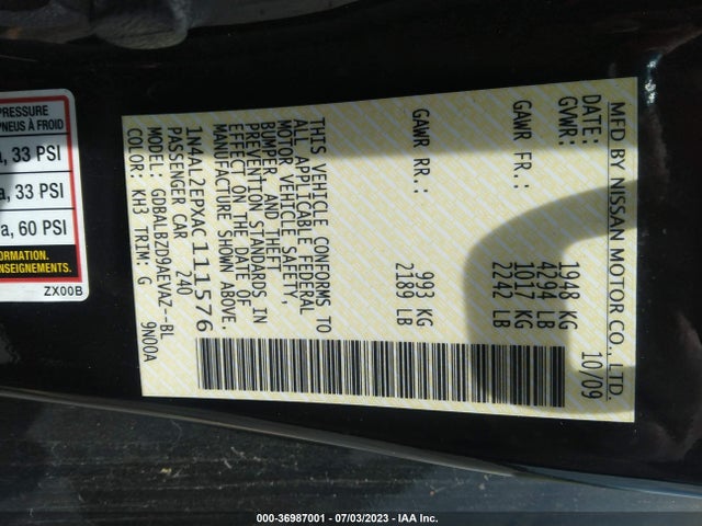 2010 NISSAN ALTIMA 2.5 S VIN: 1N4AL2EPXAC111576