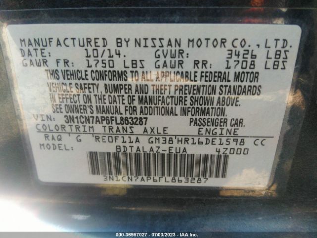 3N1CN7AP6FL863287 Nissan Versa S Plus