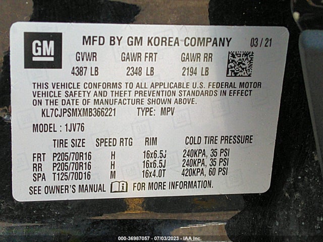 Chevrolet Trax Lt 2021 KL7CJPSMXMB366221 Image 9