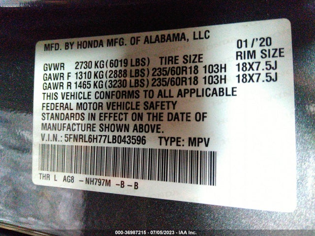 Honda Odyssey Ex-l 2020 5FNRL6H77LB043596 Image 9