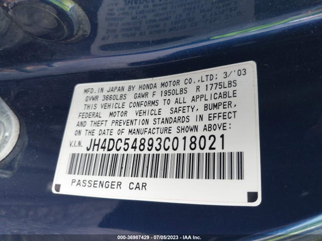 2003 ACURA RSX VIN: JH4DC54893C018021