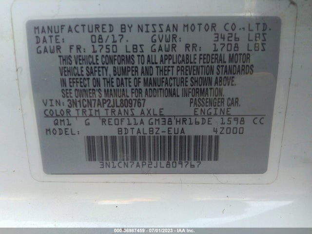 Nissan Versa Sedan Sv 2018 3N1CN7AP2JL809767 Image 10