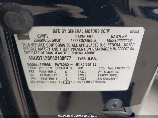 2004 ISUZU ASCENDER S/LS VIN: 4NUDT13S642100677