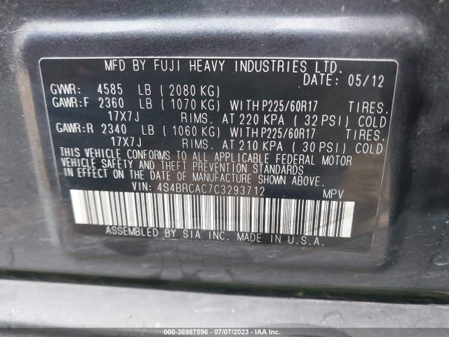 2012 SUBARU OUTBACK 2.5I VIN: 4S4BRCAC7C3293712