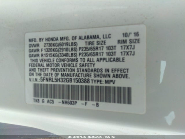 Honda ODYSSEY SE 2016 5FNRL5H32GB150388 Image 10