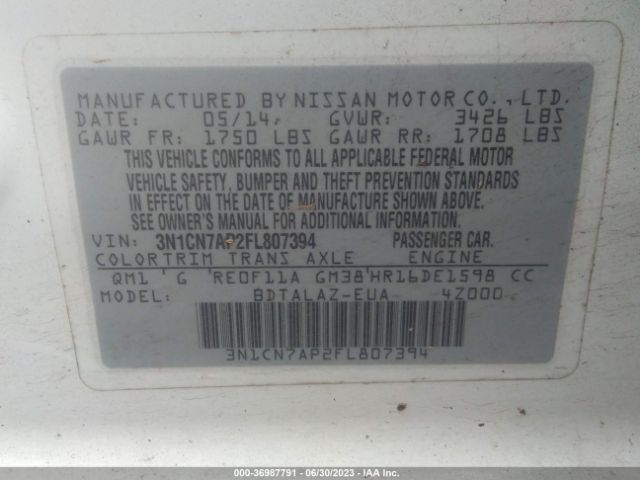3N1CN7AP2FL807394 Nissan Versa S Plus