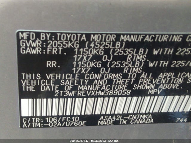 2017 TOYOTA RAV4 XLE VIN: 2T3WFREVXHW389058