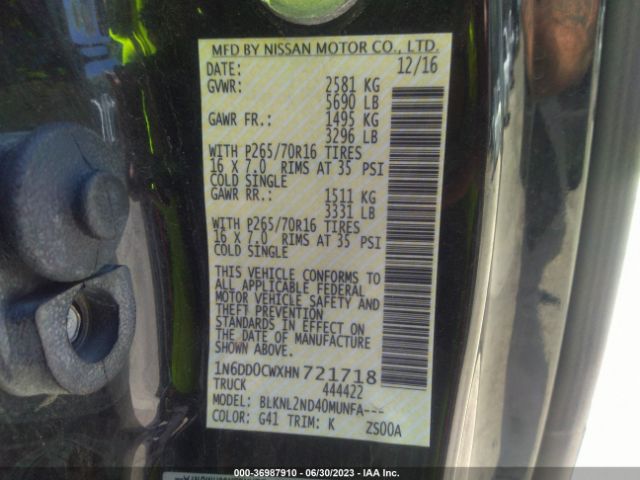 1N6DD0CWXHN721718 Nissan Frontier Sv V6