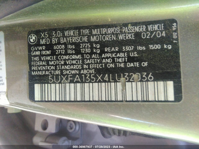 2004 BMW X5 3.0I VIN: 5UXFA135X4LU32036