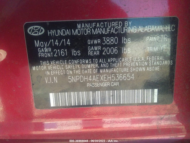 2014 HYUNDAI ELANTRA SE VIN: 5NPDH4AEXEH536654