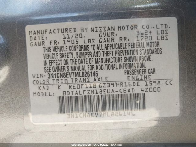 3N1CN8EV7ML826146 Nissan VERSA SV