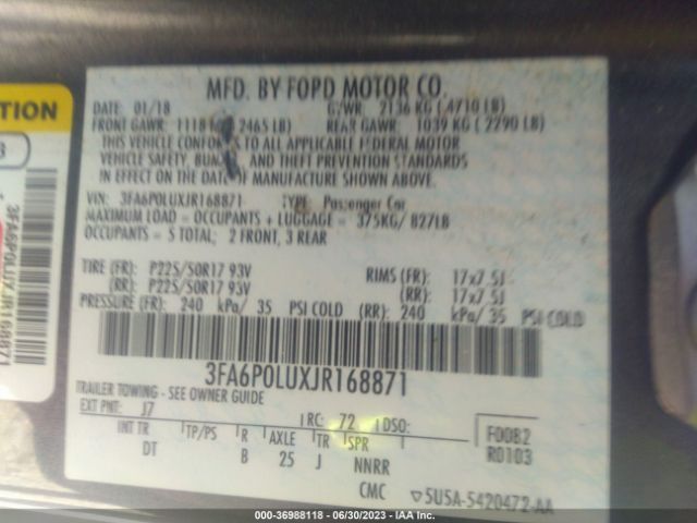 3FA6P0LUXJR168871 Ford Fusion Hybrid Se