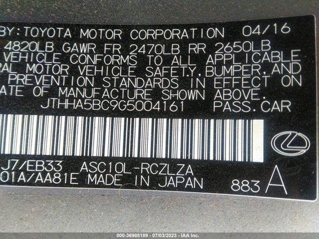 2016 Lexus RC, VIN: JTHHA5BC9G5004161