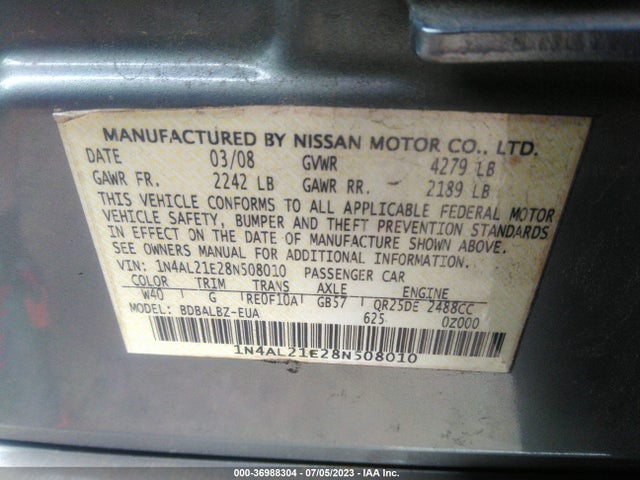 Продаж на аукціоні авто 2008 Nissan Altima 2.5 S, vin: 1N4AL21E28N508010, номер лоту: 36988304