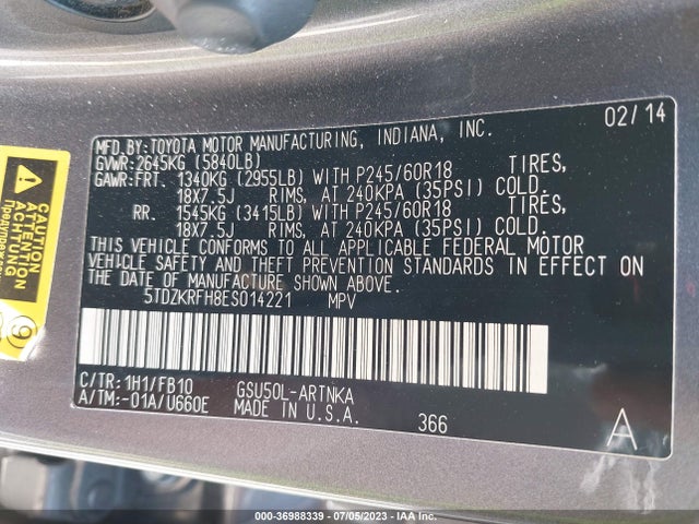 Toyota Highlander Le 2014 5TDZKRFH8ES014221 Image 15
