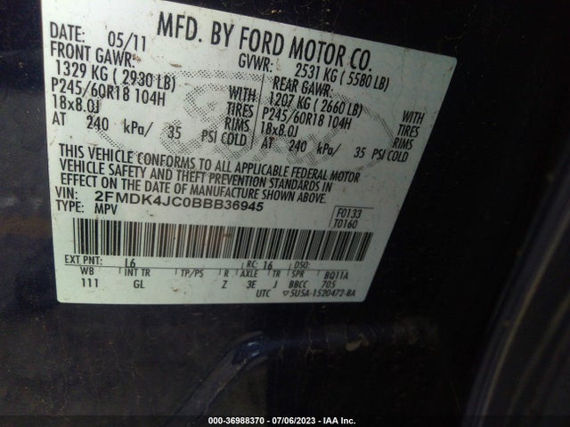 2011 FORD EDGE SEL VIN: 2FMDK4JC0BBB36945