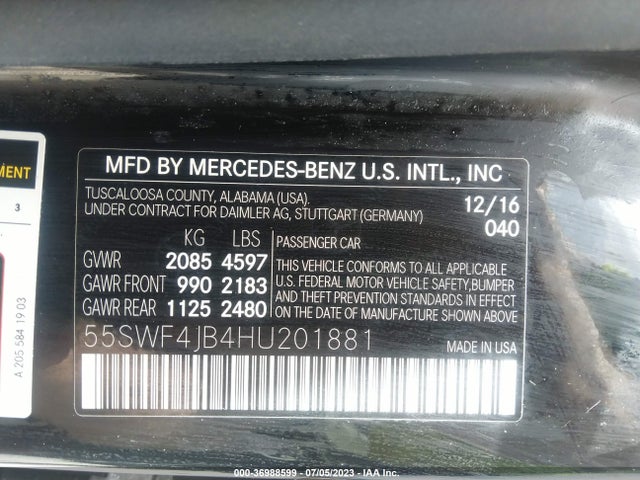 2017 MERCEDES-BENZ C-CLASS C 300 VIN: 55SWF4JB4HU201881