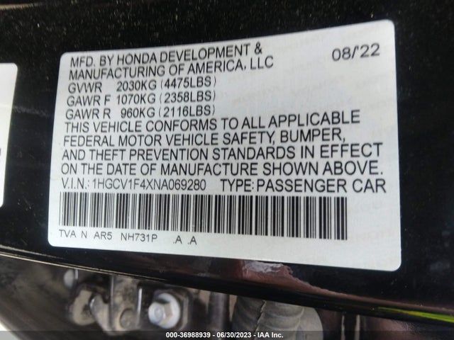 2022 HONDA ACCORD SEDAN SPORT SE VIN: 1HGCV1F4XNA069280