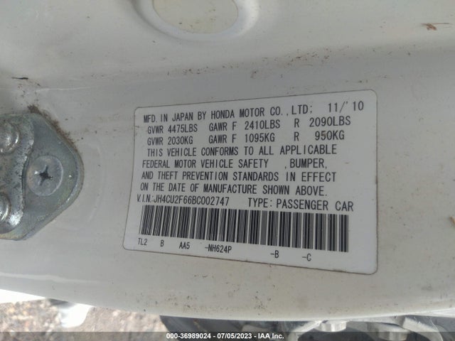 2011 ACURA TSX VIN: JH4CU2F66BC002747