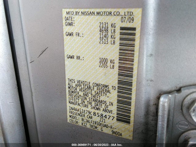 2009 NISSAN MAXIMA 3.5 SV VIN: 1N4AA51E79C858477