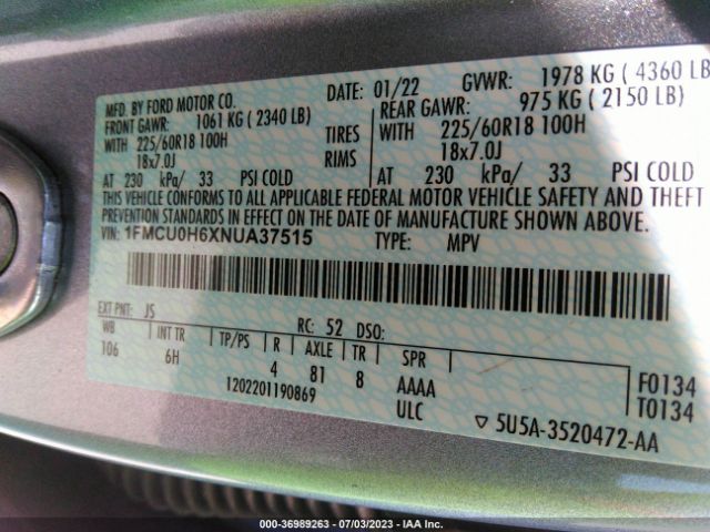 1FMCU0H6XNUA37515 Ford ESCAPE SEL