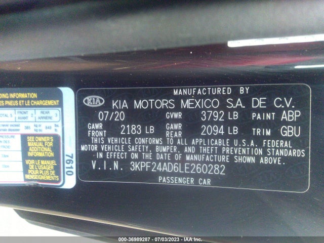 2020 KIA FORTE LXS VIN: 3KPF24AD6LE260282