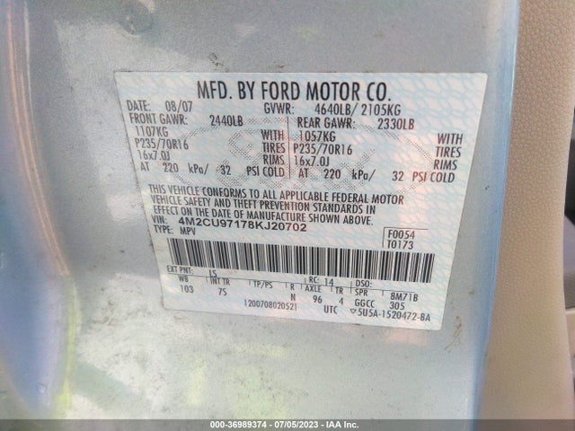 2008 MERCURY MARINER PREMIER VIN: 4M2CU97178KJ20702