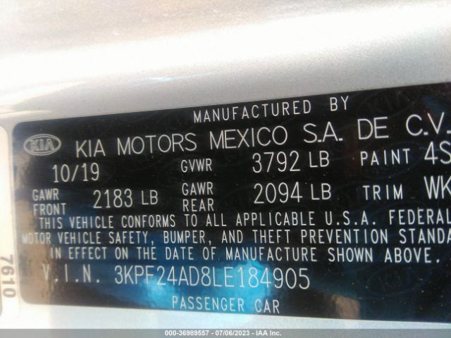 3KPF24AD8LE184905 KIA Forte Lxs