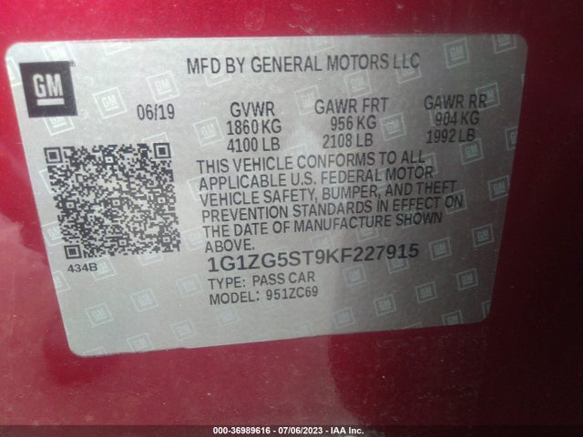 2019 CHEVROLET MALIBU RS VIN: 1G1ZG5ST9KF227915