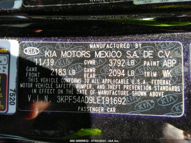 3KPF54AD9LE191692 KIA FORTE EX