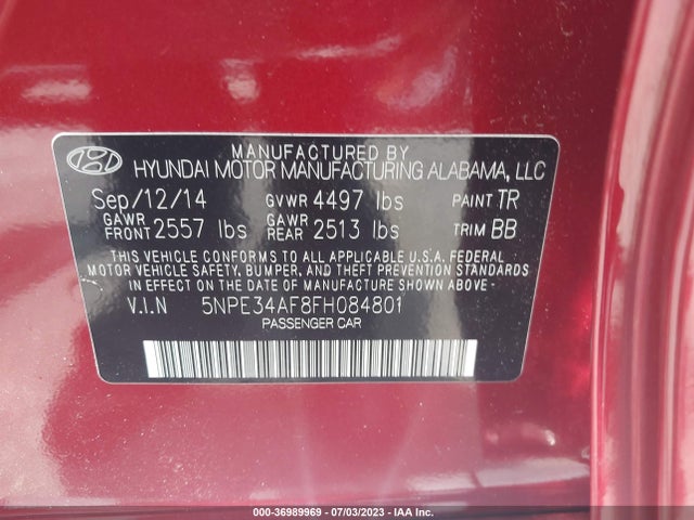 Hyundai Sonata 2.4l Limited 2015 5NPE34AF8FH084801 Image 9