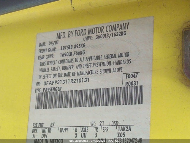 2001 FORD FOCUS ZX3 VIN: 3FAFP31311R210131