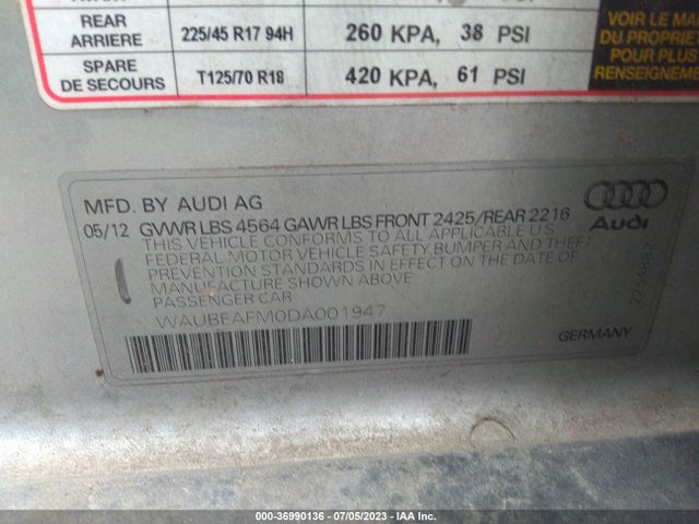 2013 AUDI A3 PREMIUM VIN: WAUBEAFM0DA001947