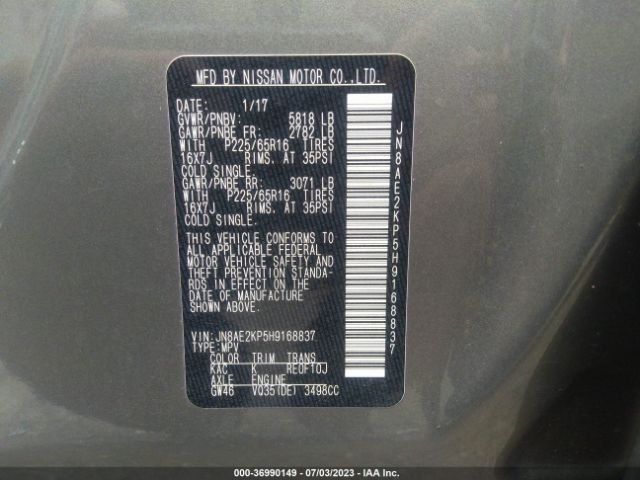 JN8AE2KP5H9168837 Nissan Quest Sv