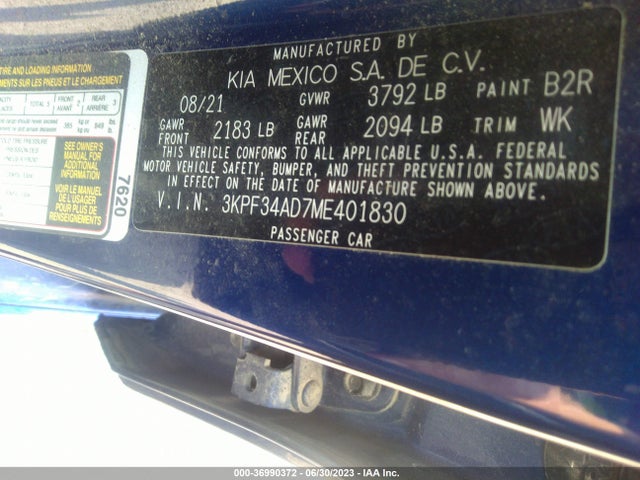 2021 KIA FORTE GT LINE VIN: 3KPF34AD7ME401830
