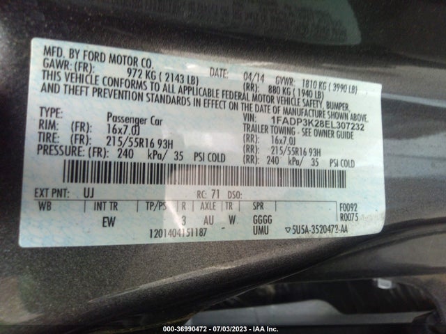 2014 FORD FOCUS SE VIN: 1FADP3K28EL307232