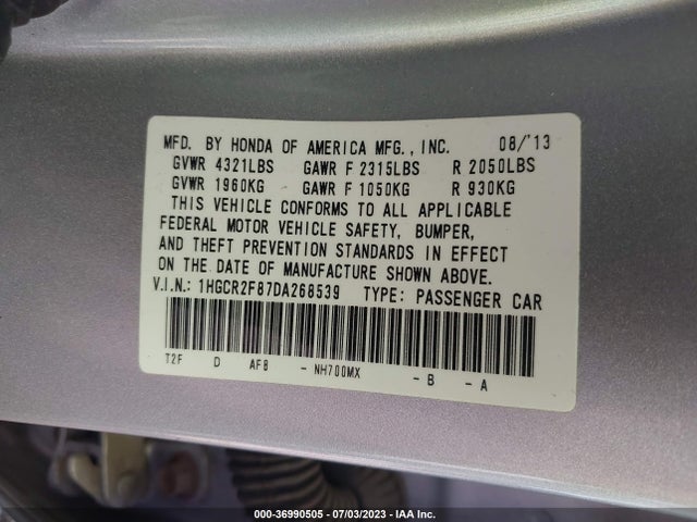 2013 HONDA ACCORD SDN EX-L VIN: 1HGCR2F87DA268539