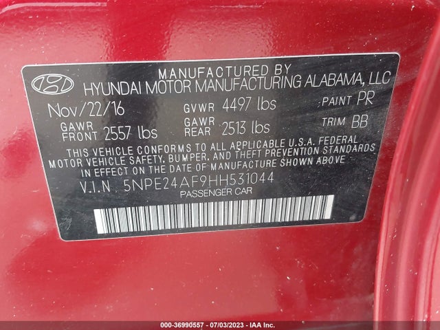 2017 HYUNDAI SONATA SE VIN: 5NPE24AF9HH531044