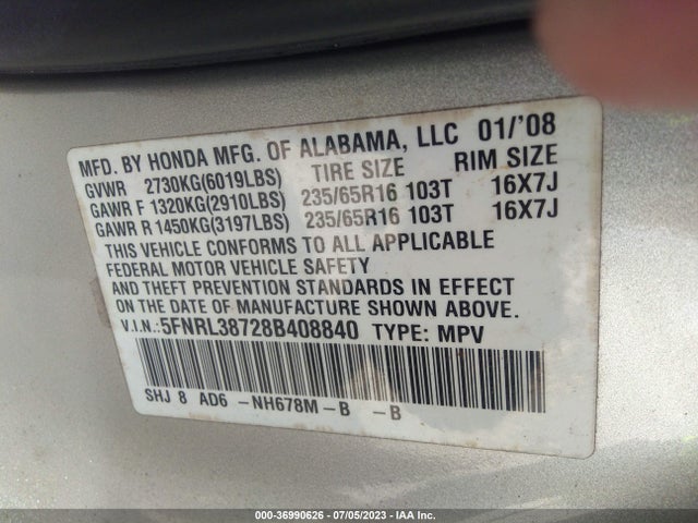 2008 HONDA ODYSSEY EX-L VIN: 5FNRL38728B408840