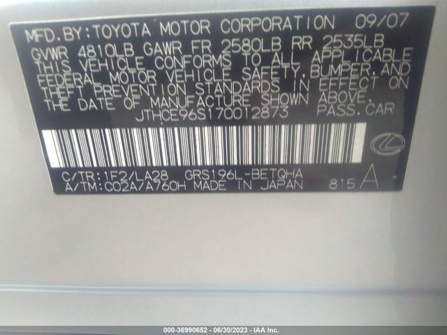2007 LEXUS GS 350 VIN: JTHCE96S170012873