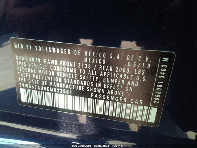 3VWG57AU6KM022561 Volkswagen GOLF S/SE