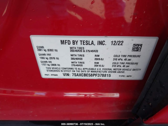 Tesla MODEL X 2023 7SAXCBE58PF378815 Image 15