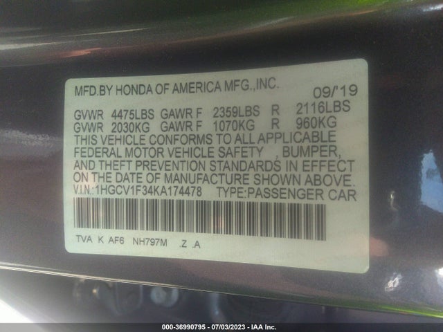 2019 HONDA ACCORD SEDAN 1HGCV1F34KA174478 Photo 8