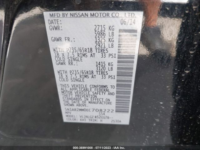 5N1AR2MM0EC708222 Nissan Pathfinder S/sv/sl/platinum
