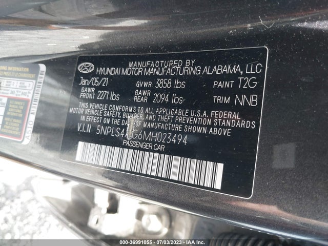 2021 HYUNDAI ELANTRA SEL VIN: 5NPLS4AG6MH023494