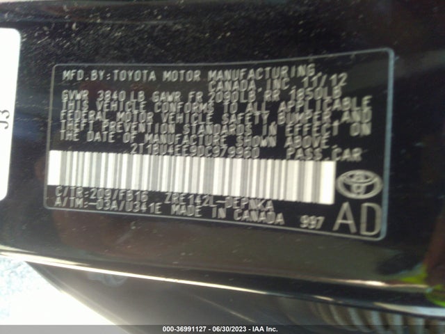 2013 TOYOTA COROLLA L/LE/S VIN: 2T1BU4EE9DC979960