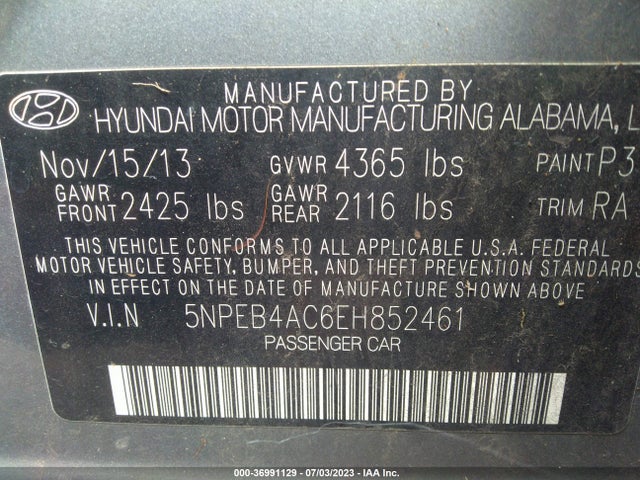 2014 HYUNDAI SONATA GLS VIN: 5NPEB4AC6EH852461