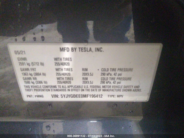 5YJYGDEE0MF196412 Tesla Model Y Long Range