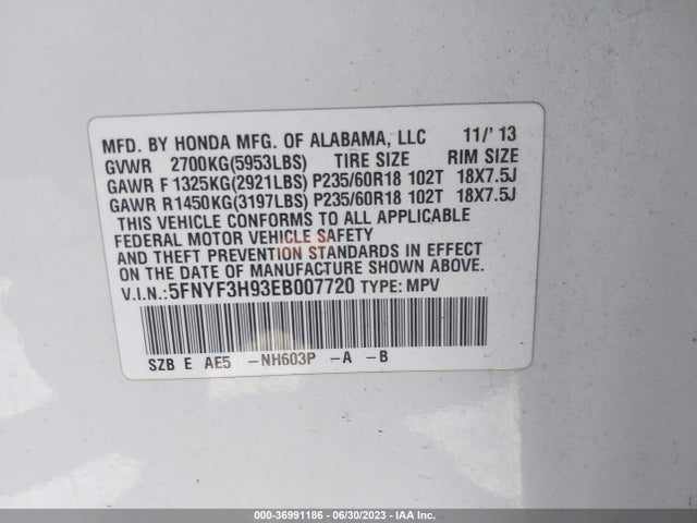 Honda Pilot Touring 2014 5FNYF3H93EB007720 Image 9