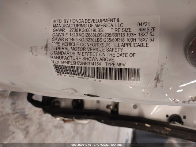 2022 HONDA ODYSSEY EX-L VIN: 5FNRL6H72NB014154
